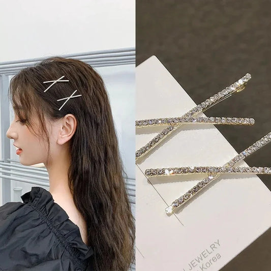 2pcs Cross Crystal Hairpins Rhinestone X Hair Clips Barrettes Simple Side Clip Bridal Headwear Girl Fashion Hair Accessories New