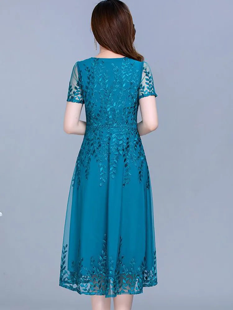 Blue Casual Chiffon Mesh Korean Long Dress Summer Women 2023 New Tunics Midi Fashion Elegant Prom Evening Dresses Short Sleeve