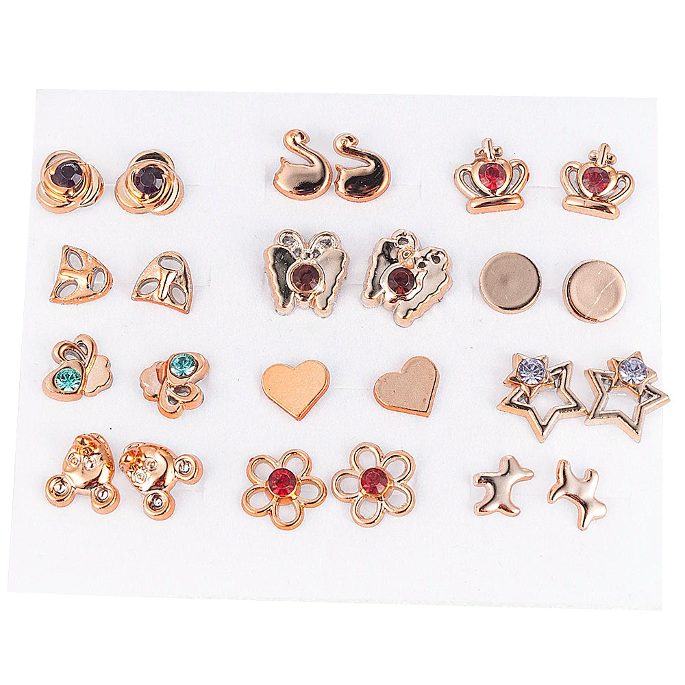 NEW 12~36 Pairs Fashion Women Girls Resin Plastic Crystal Diamante Flower Stud Earrings Set Random Style Gold Color Jewelry