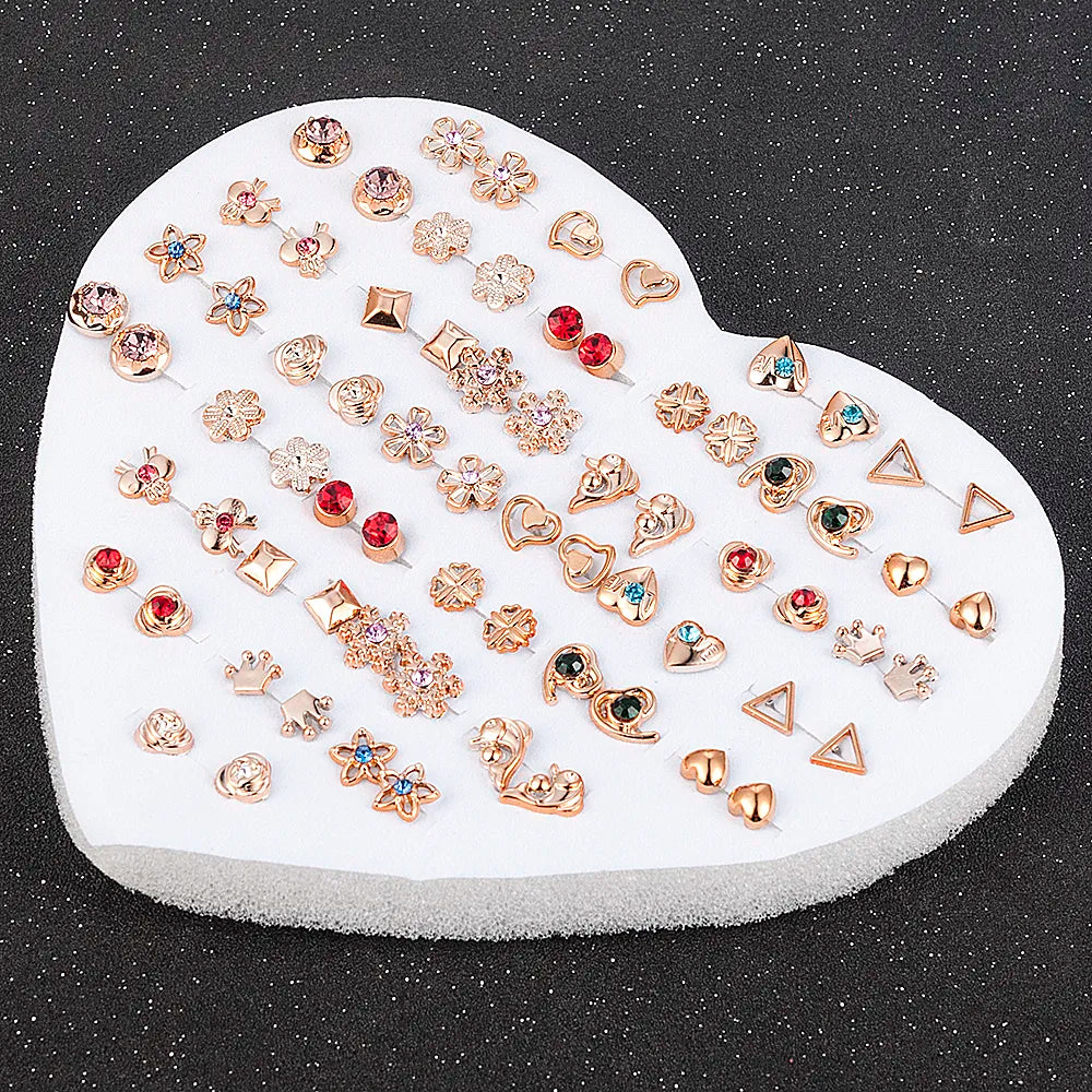 NEW 12~36 Pairs Fashion Women Girls Resin Plastic Crystal Diamante Flower Stud Earrings Set Random Style Gold Color Jewelry