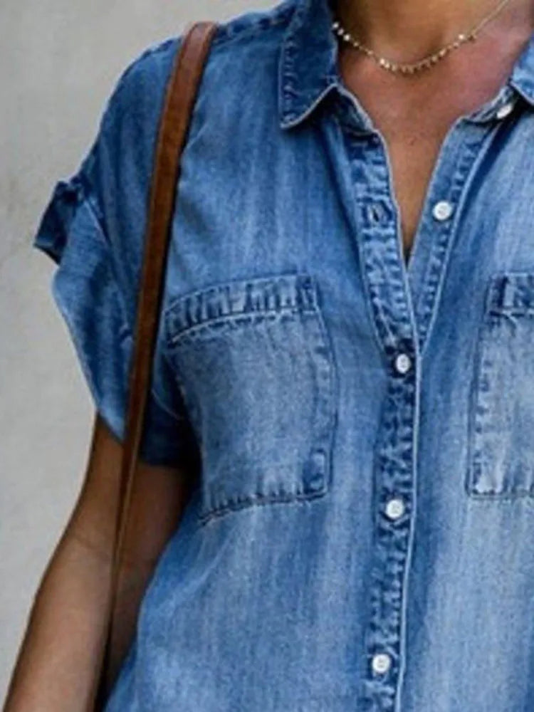 Summer New Single Breasted Denim Shirt Dress Women's Casual Loose Pocket Simple Retro Commuter Female Office Denim Short Skirt